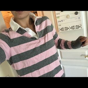 Grey and pink striped button polo
